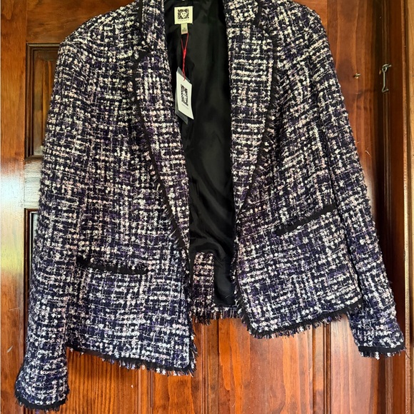 Anne Klein Jackets & Blazers - Anne Klein Navy & White Tweed Blazer with Fringe Trim